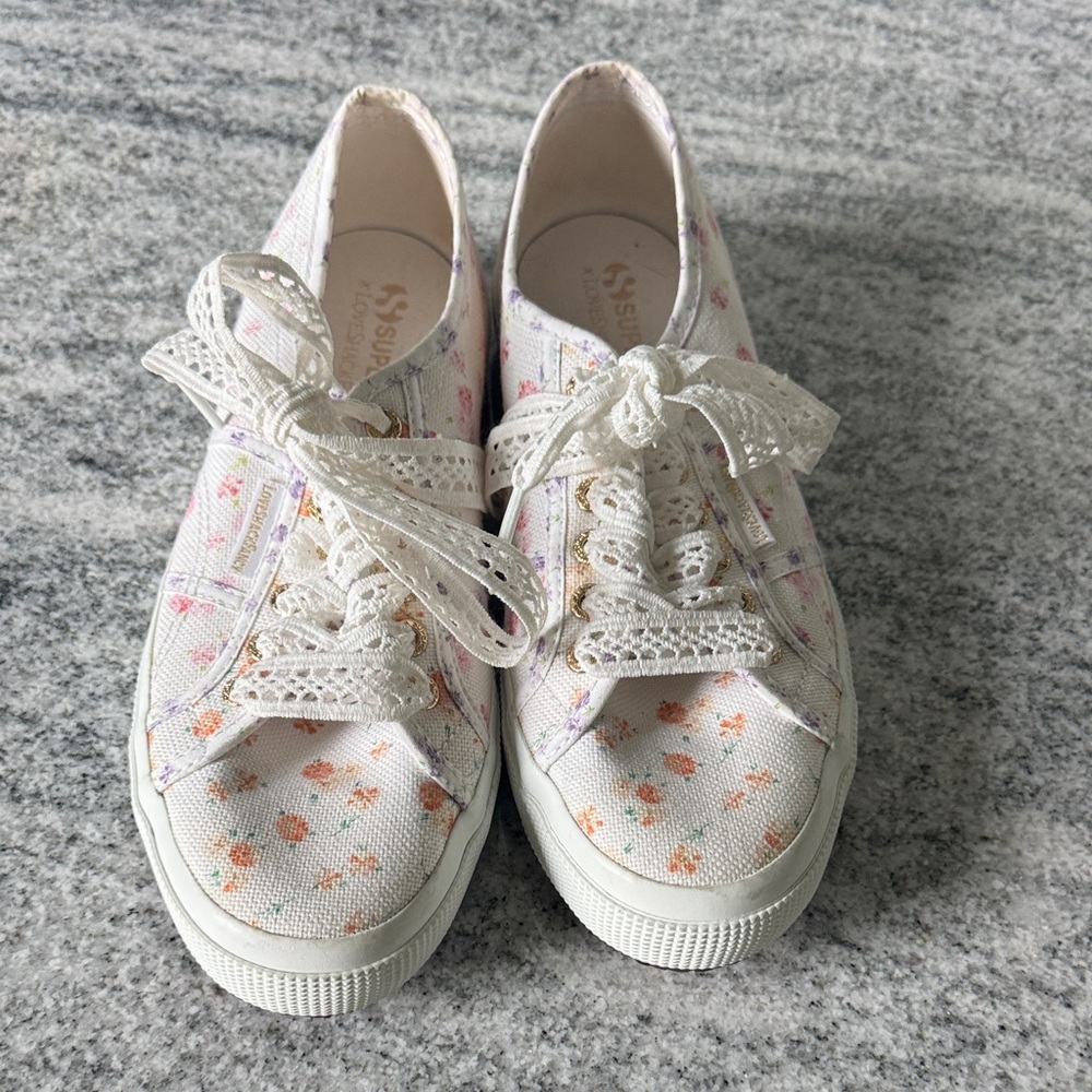 Superga Women's Floral Lace-Up Sneakers - Cream and Orange/ love shack fancy